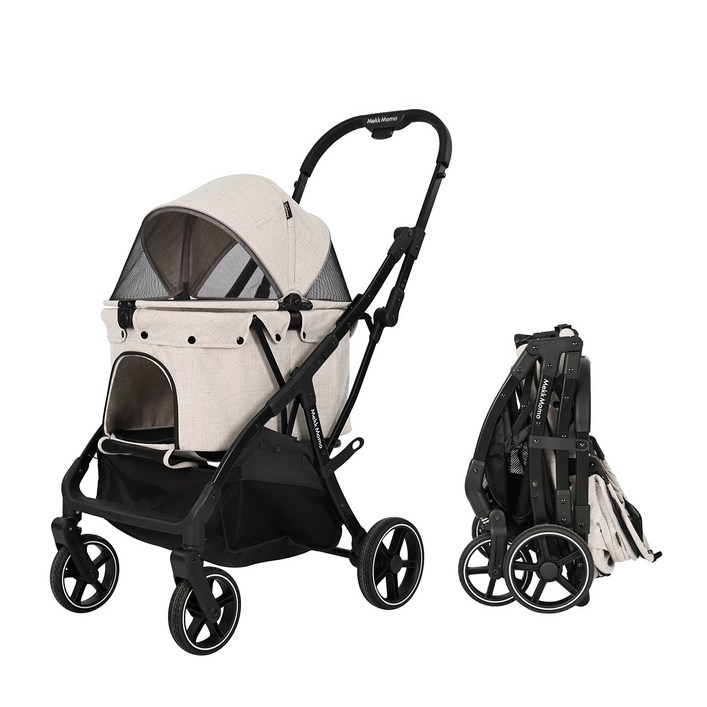 MekkMomo 일체형 자동 접이식 강아지 유모차, 360도 회전 바퀴, 대형견도 안전하게 22kg까지 수용, 미백색