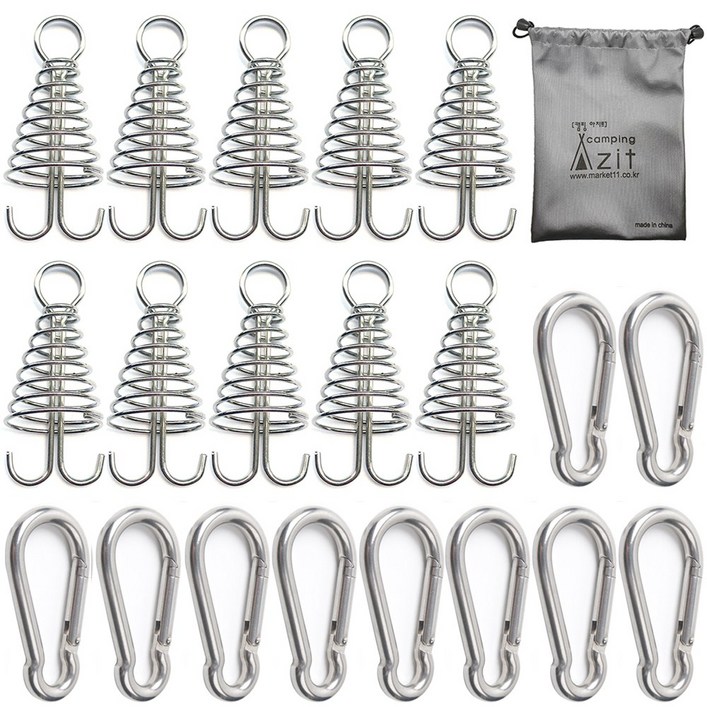 캠핑 아지트 탄소강(CARBON STEEL) 강철 비너 6호 10P + 스프링 오징어 데크팩 10P + 방수 주머니