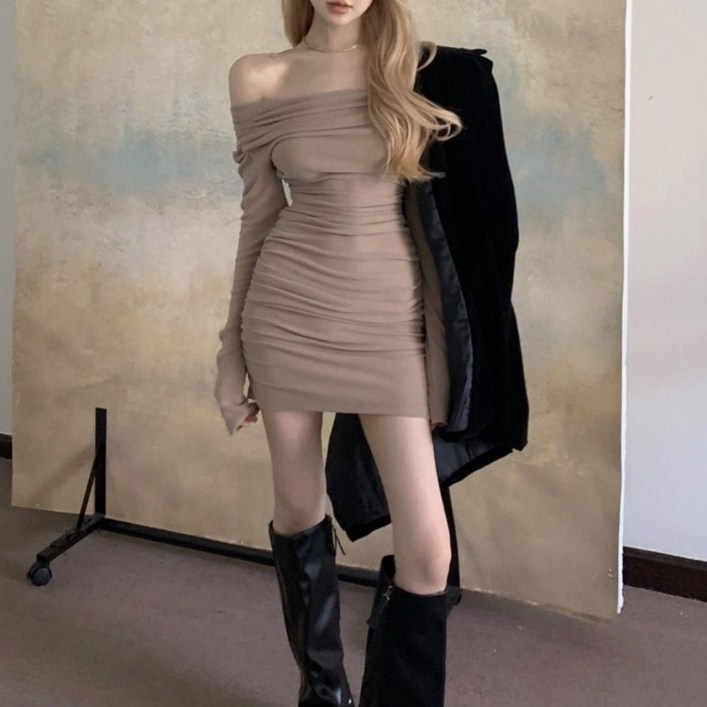 아이엠몽 여성 원 숄더 셔링 슬림 미니 원피스