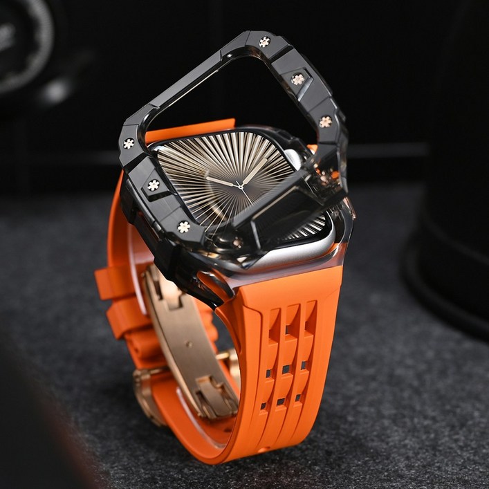 애플워치10 호환 일체형 스트랩 46mm 케이스 밴드 줄질 애차드밀 풀커버, 02.블랙케이스오렌지스트랩, 1개