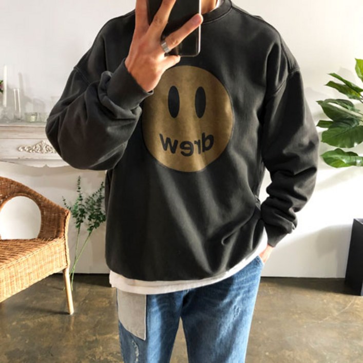 웨일즈 오버핏 피그먼트 빈티지 스마일 빅 나염 맨투맨 티셔츠4 Color 95105