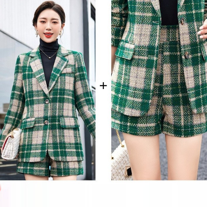 봄 여성 트위드 세트 넥 슬림핏 체크 정장 코트 반바지 상하복