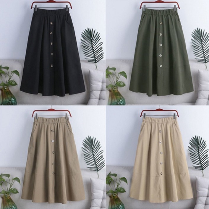 11 드림시오 사계절 코튼 A라인 여성 플레어 버튼 밴딩 스커트 롱치마