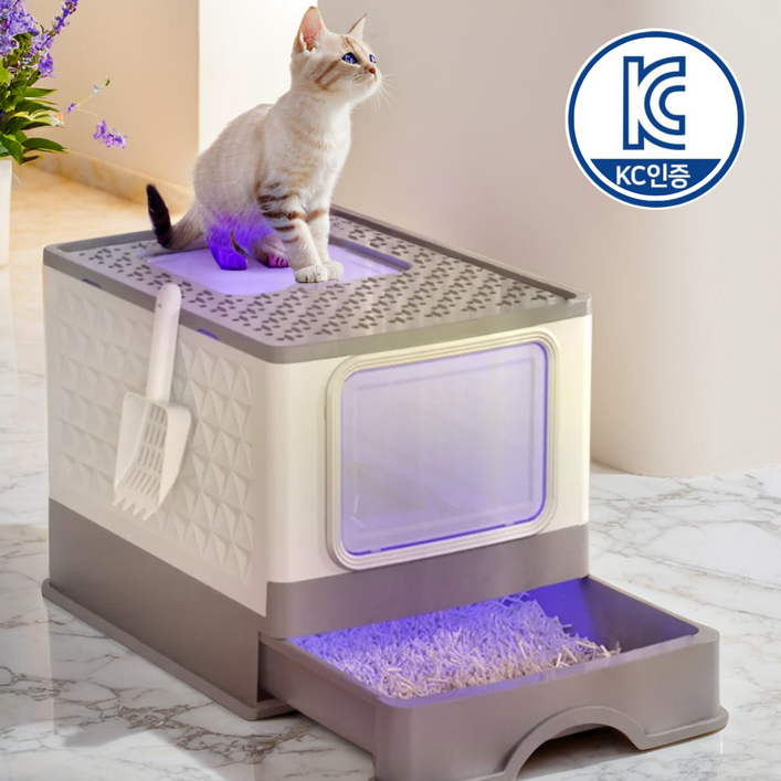 그린홈 대형 항균 고양이 후드형 화장실+모래삽. UV살균등 냄새제거, 회색, 1개