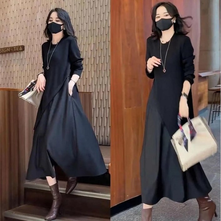 딜마켓 새리원피스  여성 봄가을 깔끔한 사선 포인트 긴팔 원피스