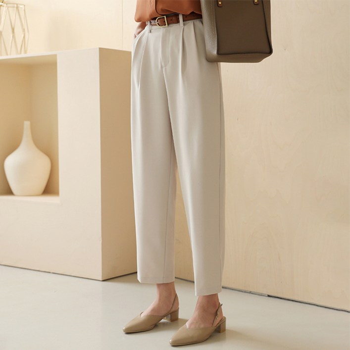 플레이팝 여성용 2컬러 자체제작 투핀턱 세미 배기 슬랙스