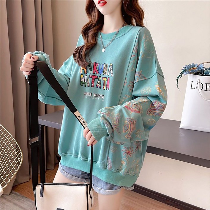 ROYALBELLE 여성 루즈핏 빅사이즈 얇은 맨투맨 배색 레터링 프린팅 라운드넥 긴팔 맨투맨 Z0112715