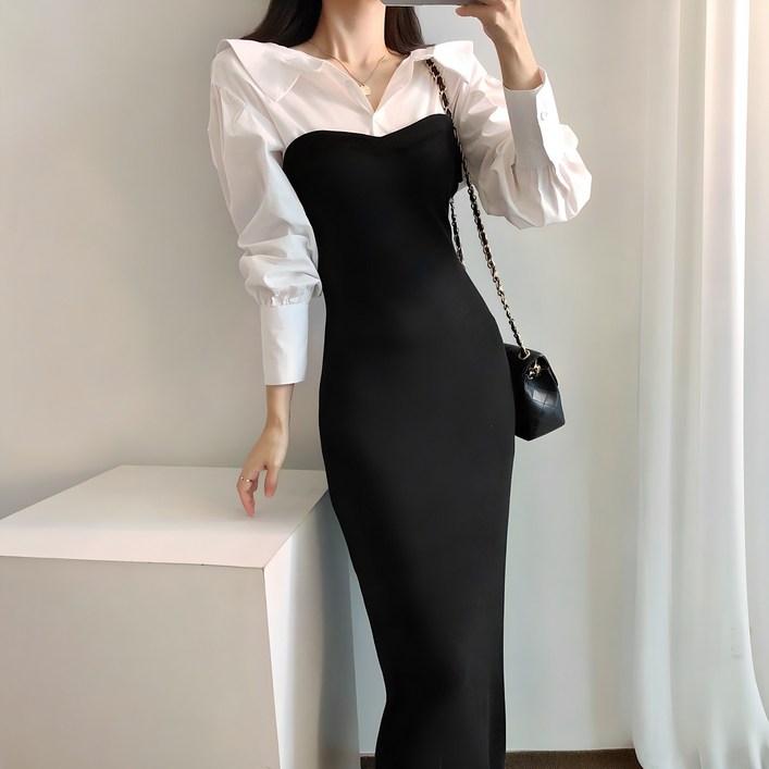 요시아나 당일발송 멋스러운 엘레노어 셔츠 핏 블랙 배색 롱 원피스