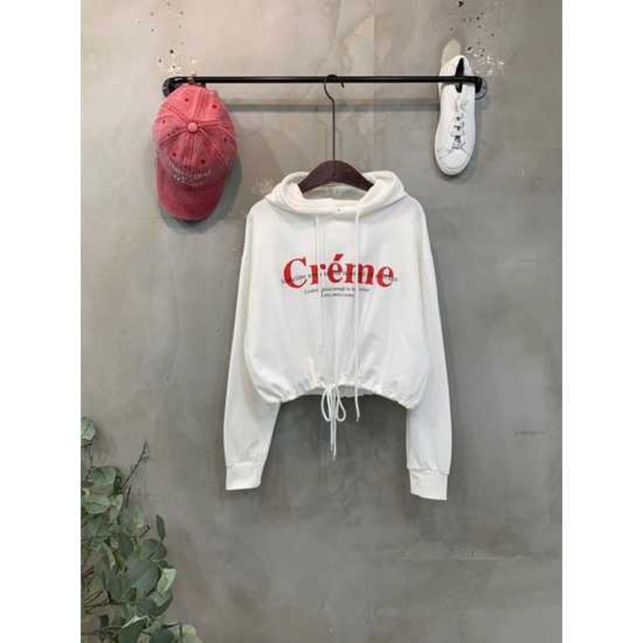 씨샵인더룸 크림 레터링 스트링 세미 크롭 긴팔 후드 티셔츠 3color 188905
