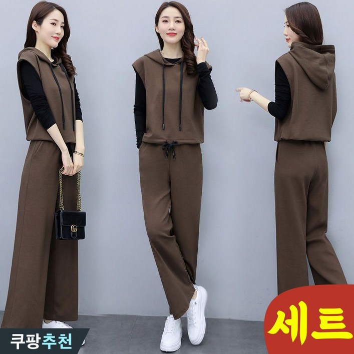 (완전 편한) 날씬해보이는 여성 티셔츠 팬츠 후드조끼 세트 봄 신상 코디 빅사이즈 무지 심플 루즈핏 후드티 베스트 운동복 트레이닝복 블랙 밴딩 와이드 바지 캐주얼 상하세트