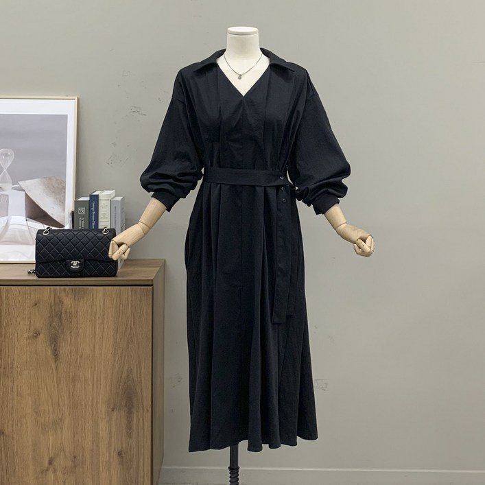 행복여 에린 허리 핀턱 스트랩 루즈핏 셔츠 카라 원피스