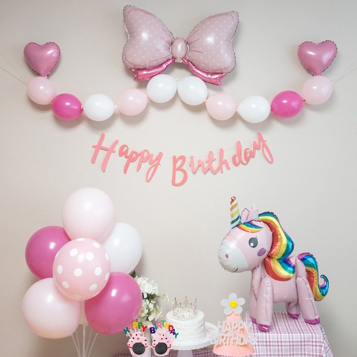 연지마켓 생일풍선 생일파티용품 리본풍선 세트, 핑크 아기유니콘 세트