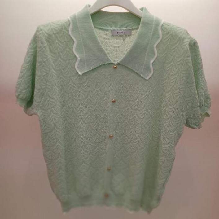 Destijl HC06 짧고 부드러운 비스코스 깔끔한 펀칭 데일리 나비 카라 반팔 니트티 D2