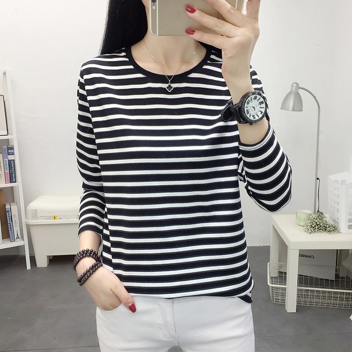 에르모소 여성 스판 짱짱 라운드 스트라이프 긴팔 티셔츠 간절기 이너티 기본티 줄무늬티 단가라티 HFC084S