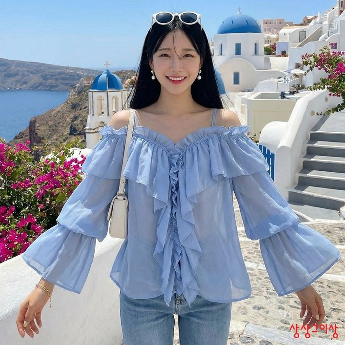 상상그이상 여성용 오프숄더 끈블라우스 왕프릴 셔링 파스텔 블라우스 여리여리 끝판왕 페미닌룩
