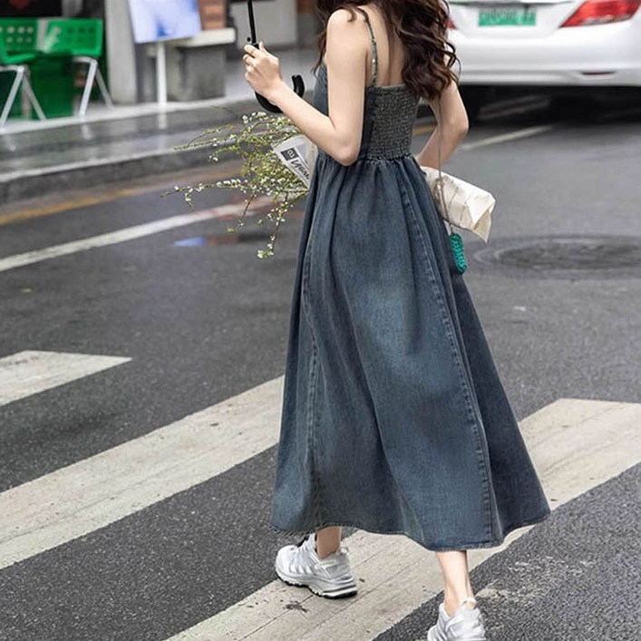 롱 데님 스커트 끈나시 청 패션 트렌디