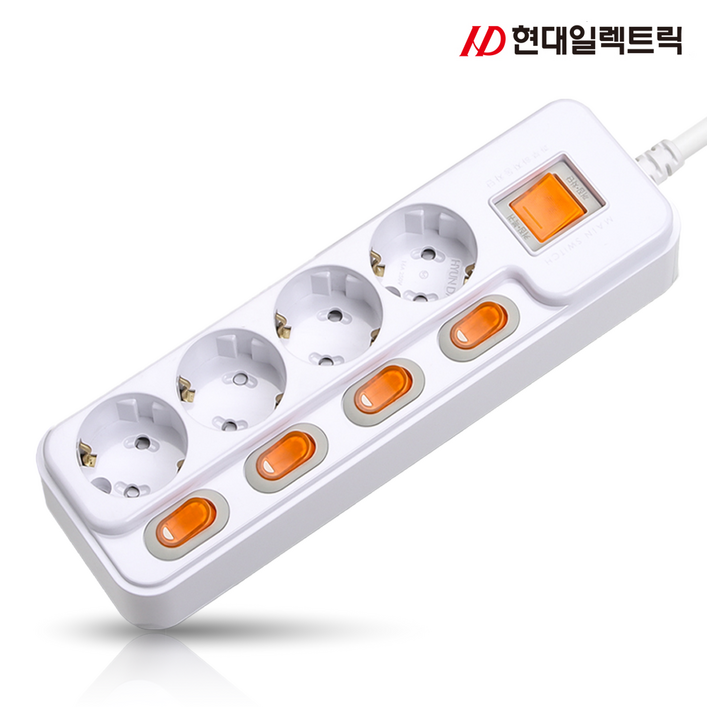 현대 국산 접지 개별 과부하차단 스위치 멀티탭 멀티콘센트 4구 16A, 1개, 화이트, 1.5m