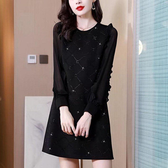 ROYALBELLE 여성 쉬폰 배색 라운드넥 루즈핏 체형커버 데일리 미니 긴팔 원피스 V01020310