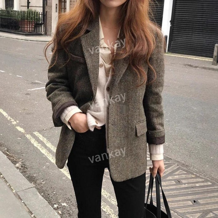 여상 초겨울 와이드 헤링본 빈티지 체크 정장 상의