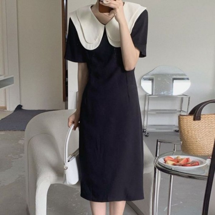 쉬폰 러블리 원피스 빈티지 부드러운 의 더블 레이어 인형 칼라 허리라인 슬리밍 퍼프 슬리브 드레스 여성 긴