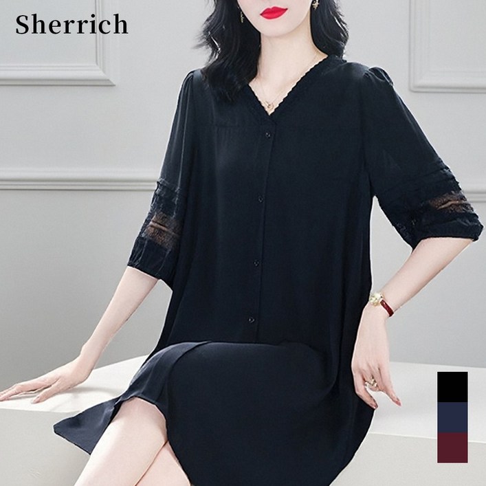 Sherrich 빅사이즈 원피스 중년 여성 원피스 여름 브이넥 엄마원피스