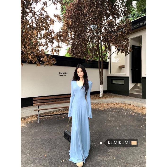 슬림핏 끝판왕 롱원피스 브이넥 니트 드레이프 블루