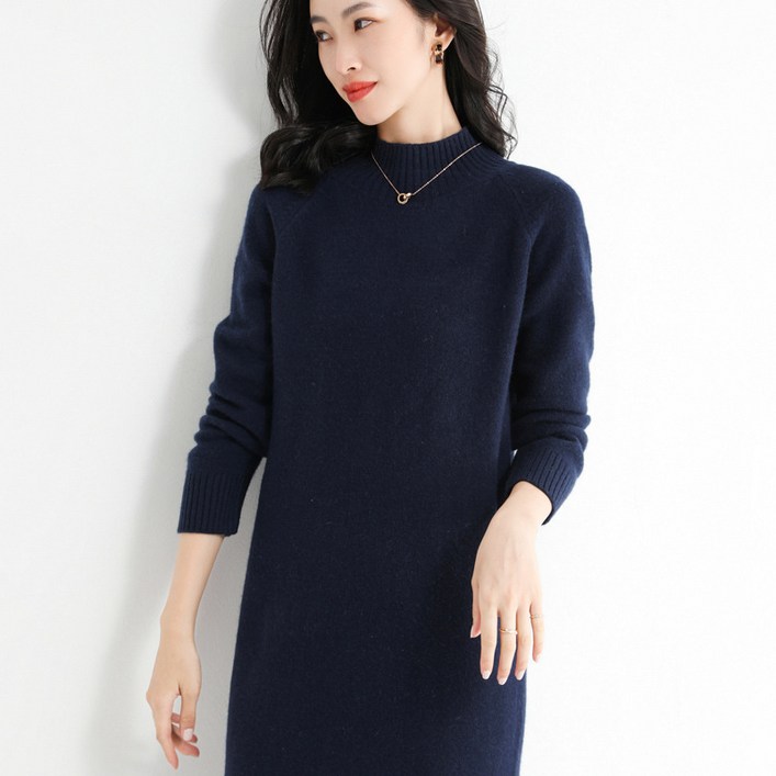 가을 겨울 신상 반폴라 긴팔 니트 루즈핏 미디 원피스 기질 통근 니트원피스 니트 여성원피스 보온과 패션을 겸비