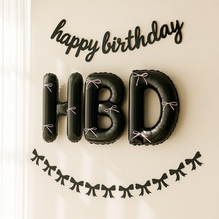 해피제이니 HBD 이니셜 생일 호일풍선 블랙 리본 생일가랜드 파티용품 세트