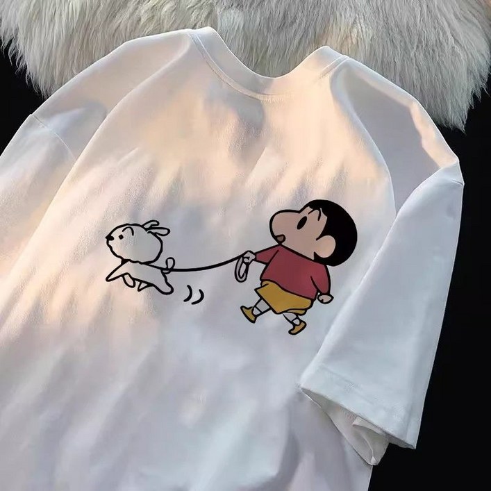 짱구 순면 캐릭터 프린트 라운드넥 티셔츠 반팔 티 여름 루즈핏 상의 지아싱트레이드 머리띠