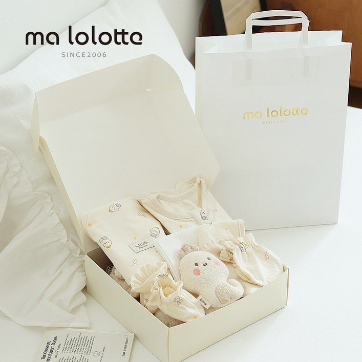 마롤로뜨 꼬물이 신생아 7종 출산선물 세트 선물포장 통잠 스와들+아기속싸개+보넷모자+딸랑이+손싸개+발싸개+거즈손수건