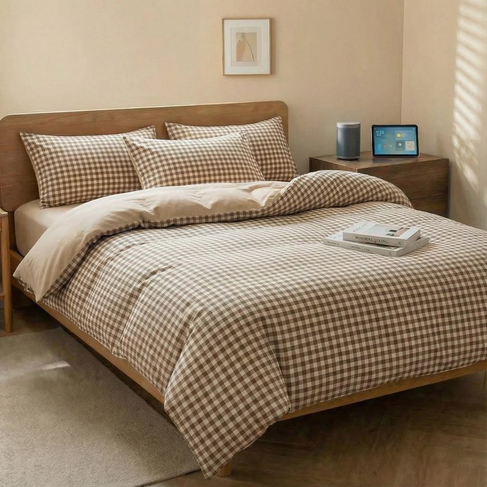 모던 체크 패턴 이불커버, 라떼 웜 체크