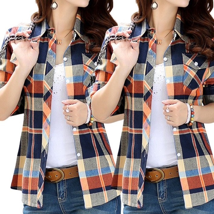 로로비 11 슬림핏 면 여성셔츠 면 여성체크남방 긴팔 셔츠 블라우스