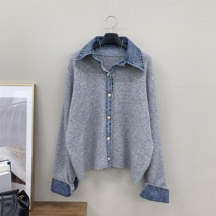 행복여 더치 데님 청 카라 배색 단추 포인트 니트 가디건