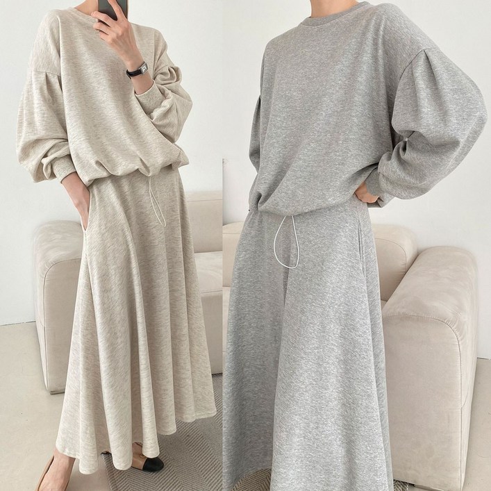 유앤마인 빅사이즈 여성 롱스커트 트레이닝복세트 퍼프소매 맨투맨롱스커트 상하세트 봄가을 긴팔 맨투맨티 롱치마 투피스세트 홈웨어 데일리룩 코디세트