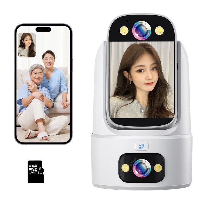 RUN기술 스마트 AI WiFi 홈캠 듀얼 렌즈 360도 회전형 양방향 영상통화 카메라