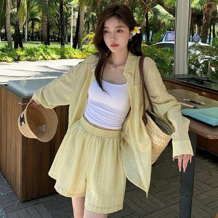 모던허니 여성 여름 루즈핏 긴팔 셔츠 허리밴딩 반바지 투피스 세트 셋업 오버핏 캐주얼 린넨 휴가룩 간절기템