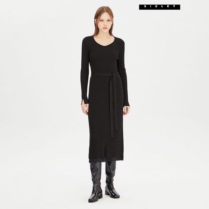 시슬리 우븐 배색 니트 원피스 SAKO02341 BK