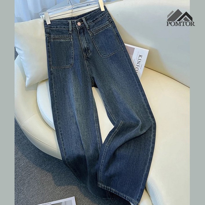 POMTOR 여성 와이드 데님 팬츠 봄가을 데일리 통청바지