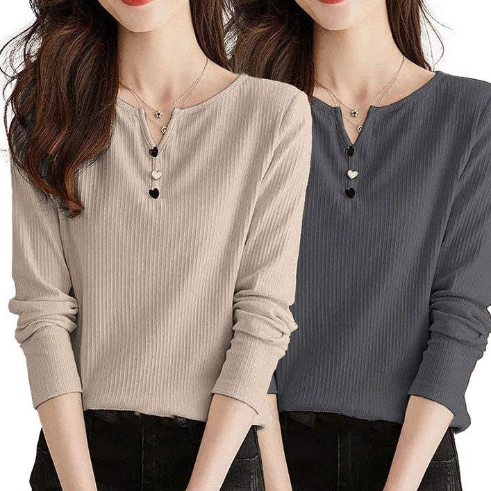 TKX 11 여성 가을 간절기 긴팔 티셔츠 단추 장식 브이넥 슬림핏 캐주얼 상의 K37