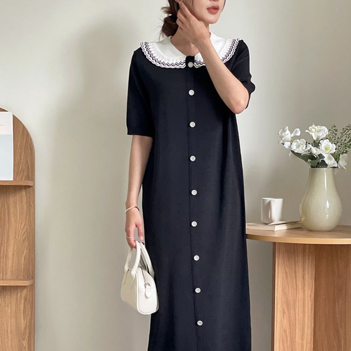 니트코어 여성 여름 루즈핏 빅사이즈 러블리 프렌치 배색 카라 니트 원피스 만삭 임부복 임산부원피스 하객룩 하객원피스 등하원룩