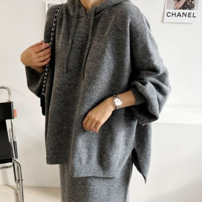 겨울용 니트 후드 투피스 세트