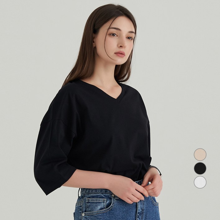 ELLE PARIS 오버핏 브이넥 순면 7부 티셔츠