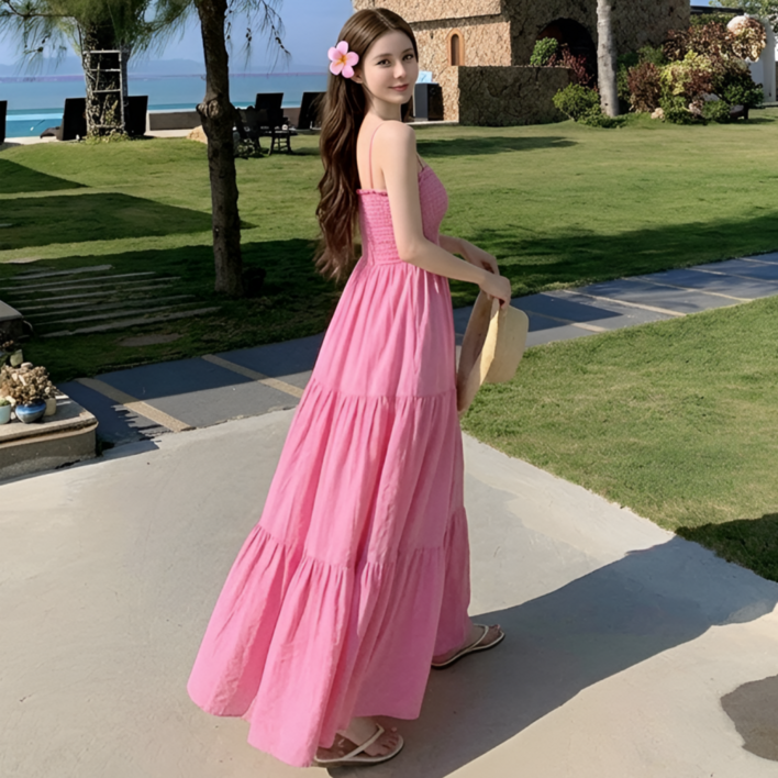 쁘띠엘라 휴양지 여신핏 롱원피스 스모크밴딩 A라인 발목기장 빅사이즈 비치웨어