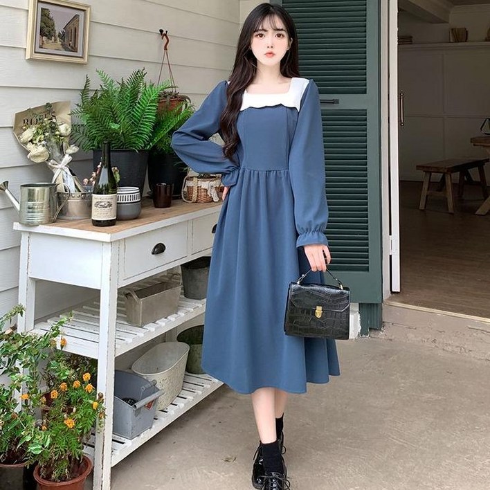 Skyciky 가을겨울 여성 스퀘어넥 배색 허리밴딩 슬림핏 세련된 베이직 원피스 HH1569