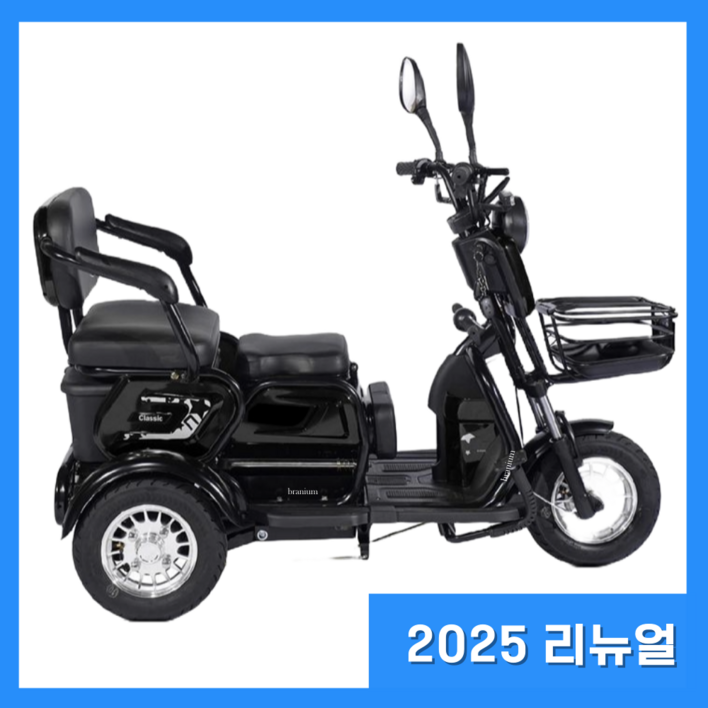 세발 전기 스쿠터 자전거 전동 삼륜 3발 오토바이 브라늄 리튬배터리, 딥블랙, 스틸