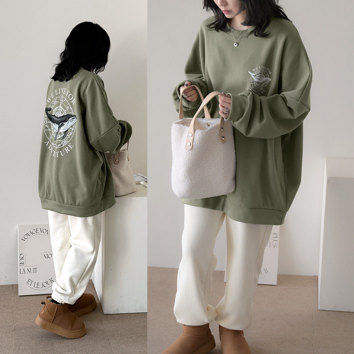 데일리앤 드레인 빅사이즈 기모 프린팅 여성 오버핏 롱 맨투맨 겨울