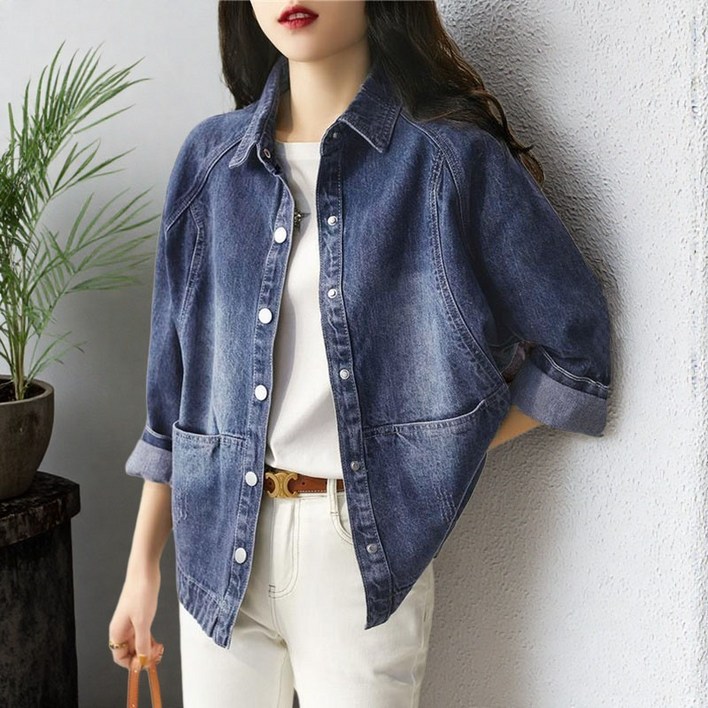 여성용 봄 가을 카라넥 단추 베이직 루즈핏 긴팔 청남방 데님 셔츠
