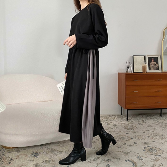 마이쏭 여성 루즈핏 빅사이즈 플레어 A라인 카렌사이드배색플리츠롱원피스