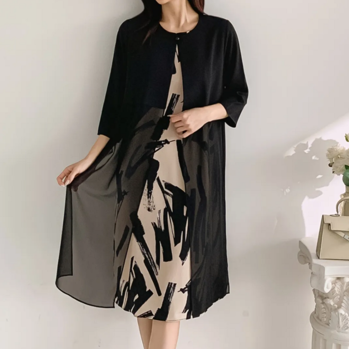 우아모 우아한 중년여성 이중 원피스 하객룩 빅사이즈 정장 선물 엄마옷