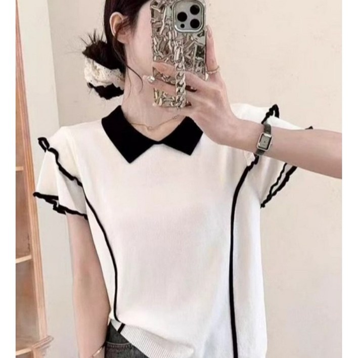 AURALA 여성 여름 반팔니트 카라 티 풀오버 쇼트 니트